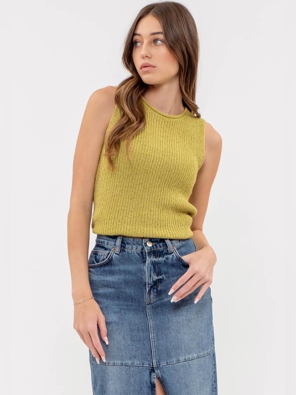 Sleeveless Knit Corset Back Tank Top in Chartreuse